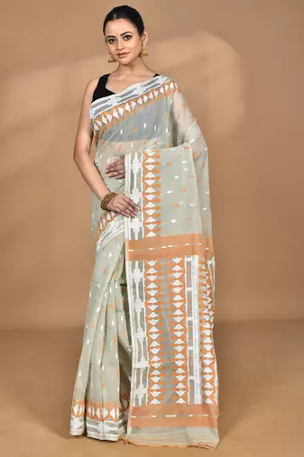 beige Cotton Dhakai Jamdani Handloom Saree With Blouse