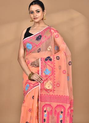 peach Cotton Dhakai Jamdani Handloom Saree With Blouse 1