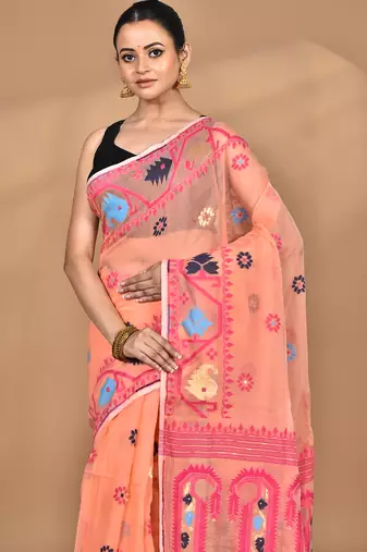 peach Cotton Dhakai Jamdani Handloom Saree With Blouse