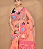 peach Cotton Dhakai Jamdani Handloom Saree With Blouse