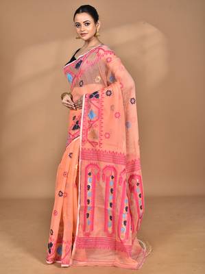 peach Cotton Dhakai Jamdani Handloom Saree With Blouse 2