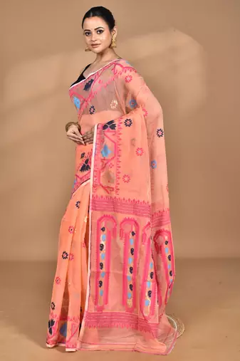 peach Cotton Dhakai Jamdani Handloom Saree With Blouse