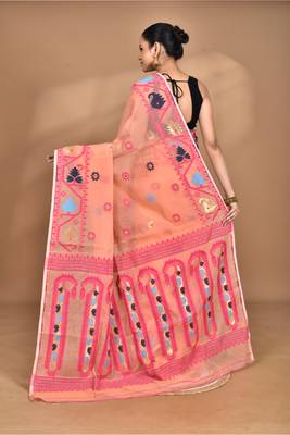 peach Cotton Dhakai Jamdani Handloom Saree With Blouse 3