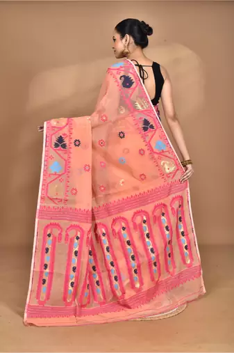peach Cotton Dhakai Jamdani Handloom Saree With Blouse
