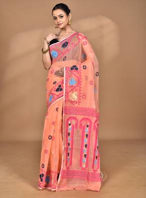 peach Cotton Dhakai Jamdani Handloom Saree With Blouse 4
