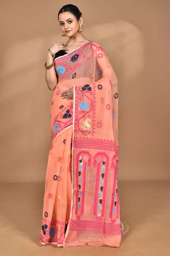 peach Cotton Dhakai Jamdani Handloom Saree With Blouse