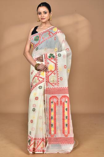 Cream Cotton Dhakai Jamdani Handloom Saree With Blouse