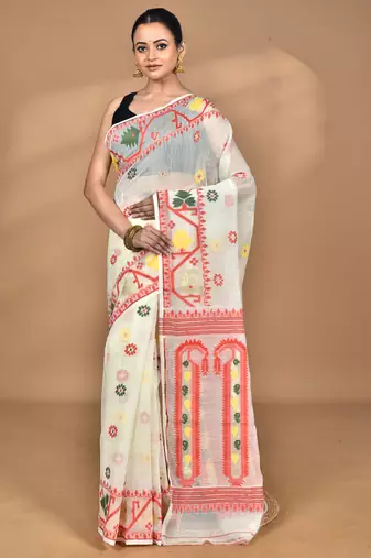 Cream Cotton Dhakai Jamdani Handloom Saree With Blouse