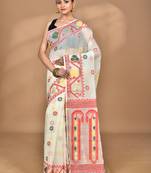 Cream Cotton Dhakai Jamdani Handloom Saree With Blouse