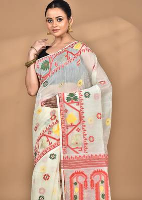 Cream Cotton Dhakai Jamdani Handloom Saree With Blouse 2