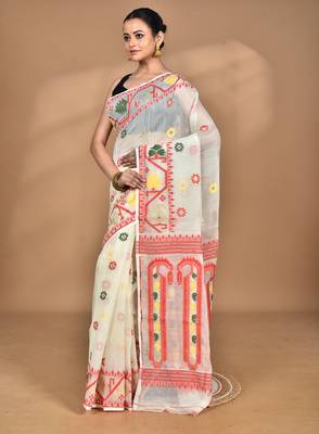 Cream Cotton Dhakai Jamdani Handloom Saree With Blouse 3
