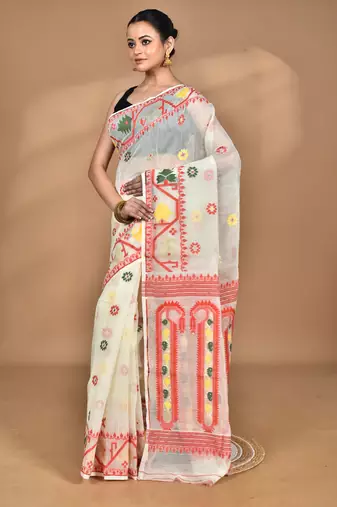 Cream Cotton Dhakai Jamdani Handloom Saree With Blouse