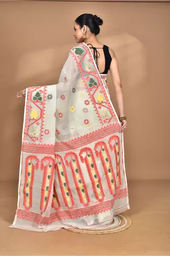 Cream Cotton Dhakai Jamdani Handloom Saree With Blouse