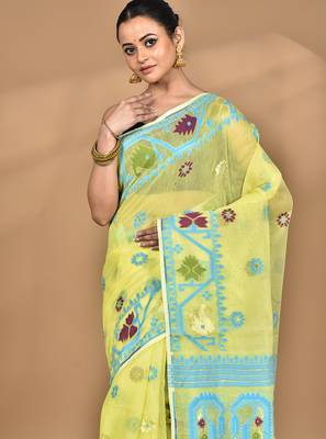 yellow Cotton Dhakai Jamdani Handloom Saree With Blouse 1
