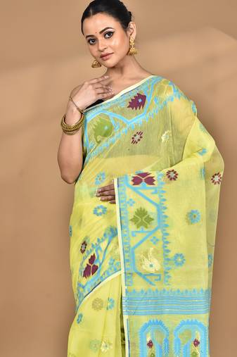 yellow Cotton Dhakai Jamdani Handloom Saree With Blouse