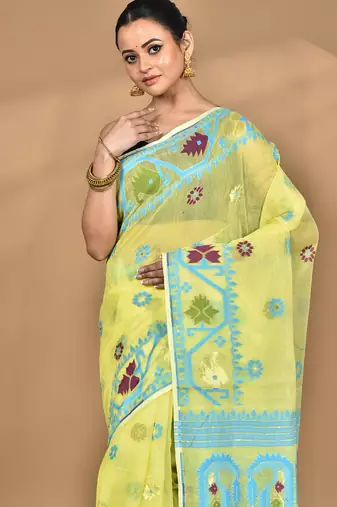 yellow Cotton Dhakai Jamdani Handloom Saree With Blouse