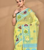 yellow Cotton Dhakai Jamdani Handloom Saree With Blouse
