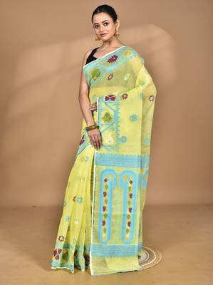yellow Cotton Dhakai Jamdani Handloom Saree With Blouse 2