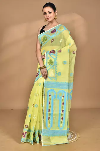 yellow Cotton Dhakai Jamdani Handloom Saree With Blouse