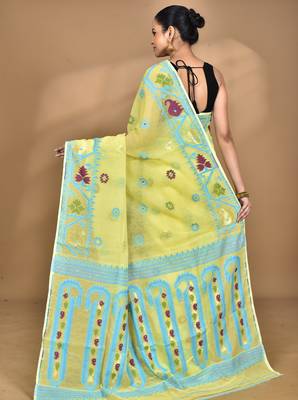 yellow Cotton Dhakai Jamdani Handloom Saree With Blouse 3