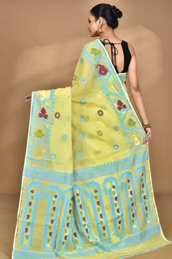 yellow Cotton Dhakai Jamdani Handloom Saree With Blouse