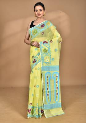yellow Cotton Dhakai Jamdani Handloom Saree With Blouse 4