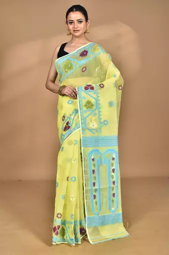 yellow Cotton Dhakai Jamdani Handloom Saree With Blouse