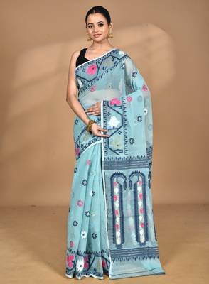 blue Cotton Dhakai Jamdani Handloom Saree With Blouse 1