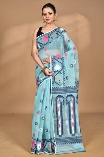 blue Cotton Dhakai Jamdani Handloom Saree With Blouse
