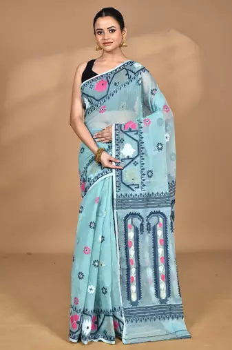 blue Cotton Dhakai Jamdani Handloom Saree With Blouse