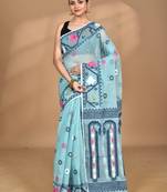 blue Cotton Dhakai Jamdani Handloom Saree With Blouse