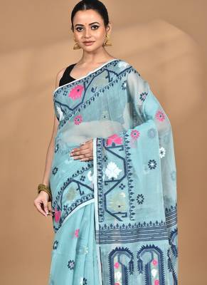 blue Cotton Dhakai Jamdani Handloom Saree With Blouse 2