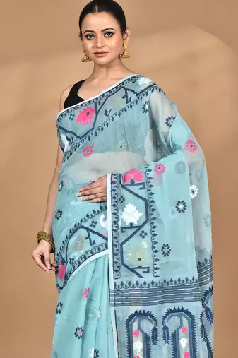 blue Cotton Dhakai Jamdani Handloom Saree With Blouse