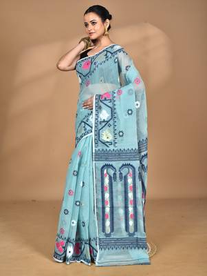 blue Cotton Dhakai Jamdani Handloom Saree With Blouse 3