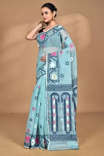 blue Cotton Dhakai Jamdani Handloom Saree With Blouse