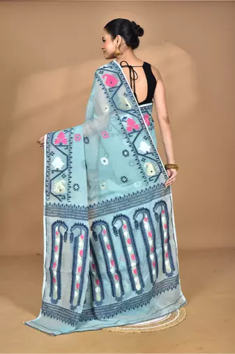 blue Cotton Dhakai Jamdani Handloom Saree With Blouse