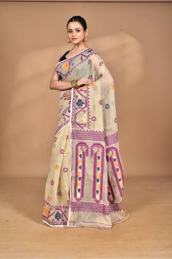 beige Cotton Dhakai Jamdani Handloom Saree With Blouse