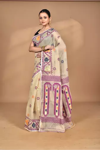 beige Cotton Dhakai Jamdani Handloom Saree With Blouse