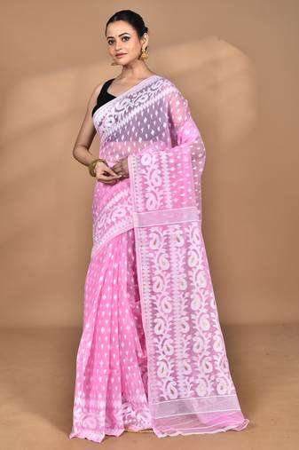Pink Cotton Dhakai Jamdani Handloom Saree With Blouse