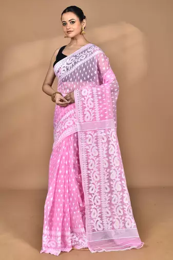 Pink Cotton Dhakai Jamdani Handloom Saree With Blouse