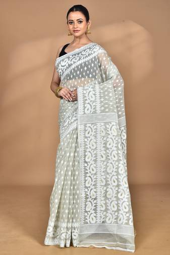 grey Cotton Dhakai Jamdani Handloom Saree With Blouse