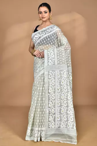 grey Cotton Dhakai Jamdani Handloom Saree With Blouse