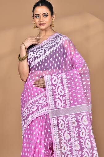 Pink Cotton Dhakai Jamdani Handloom Saree With Blouse