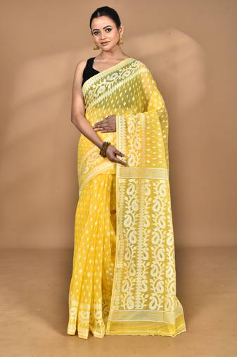 yellow Cotton Dhakai Jamdani Handloom Saree With Blouse