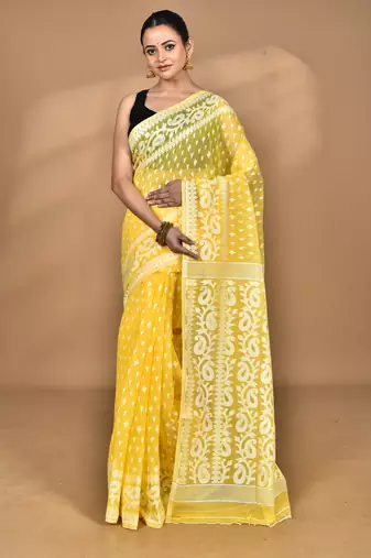 yellow Cotton Dhakai Jamdani Handloom Saree With Blouse