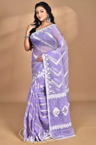 purple Cotton Dhakai Jamdani Handloom Saree With Blouse