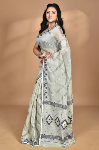 light grey Cotton Dhakai Jamdani Handloom Saree With Blouse