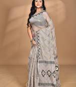 beige Cotton Dhakai Jamdani Handloom Saree With Blouse