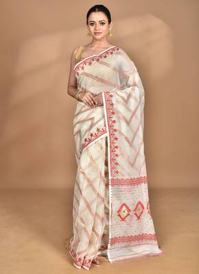 Cream Cotton Dhakai Jamdani Handloom Saree With Blouse 1