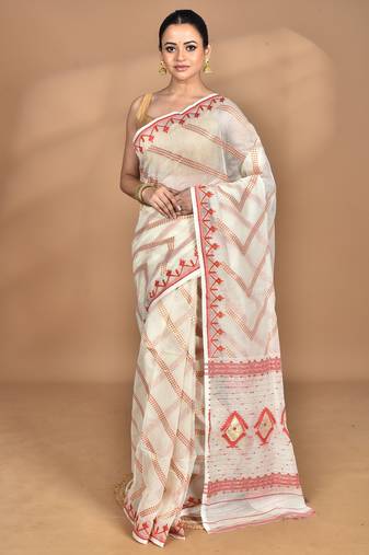 Cream Cotton Dhakai Jamdani Handloom Saree With Blouse
